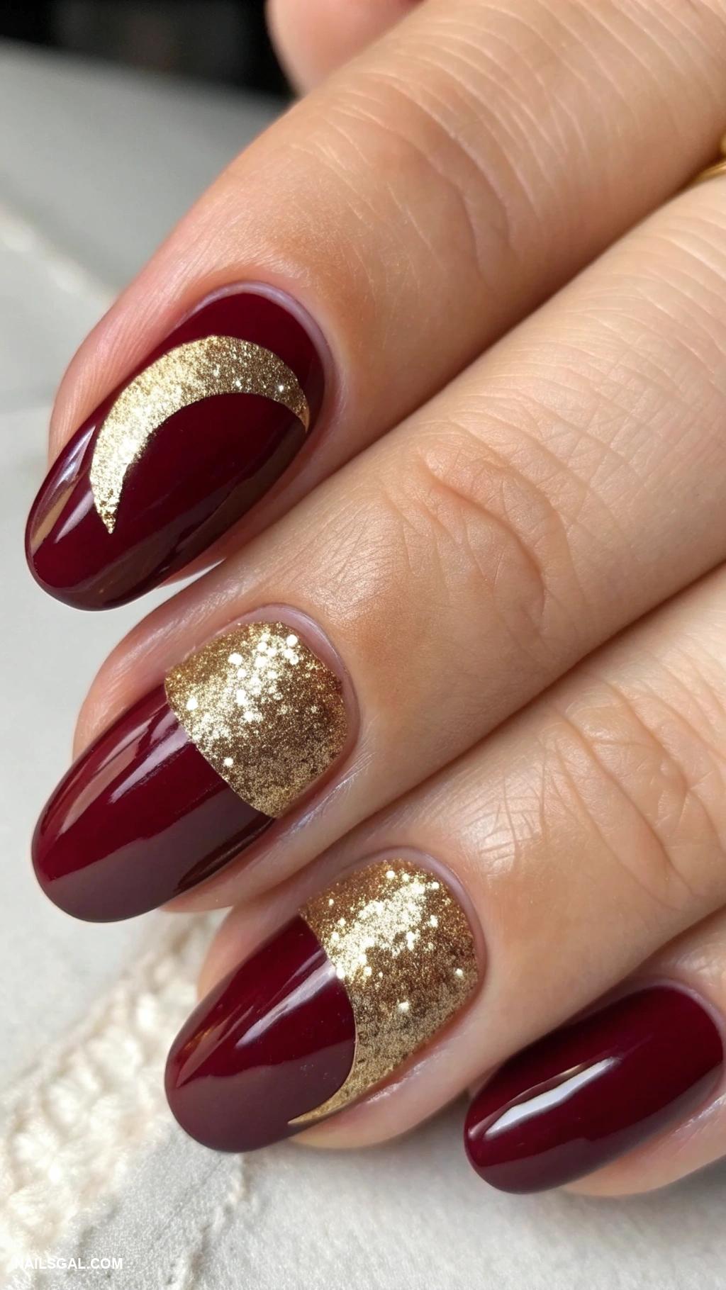 gold nails Half moon gold design on burgundy nails