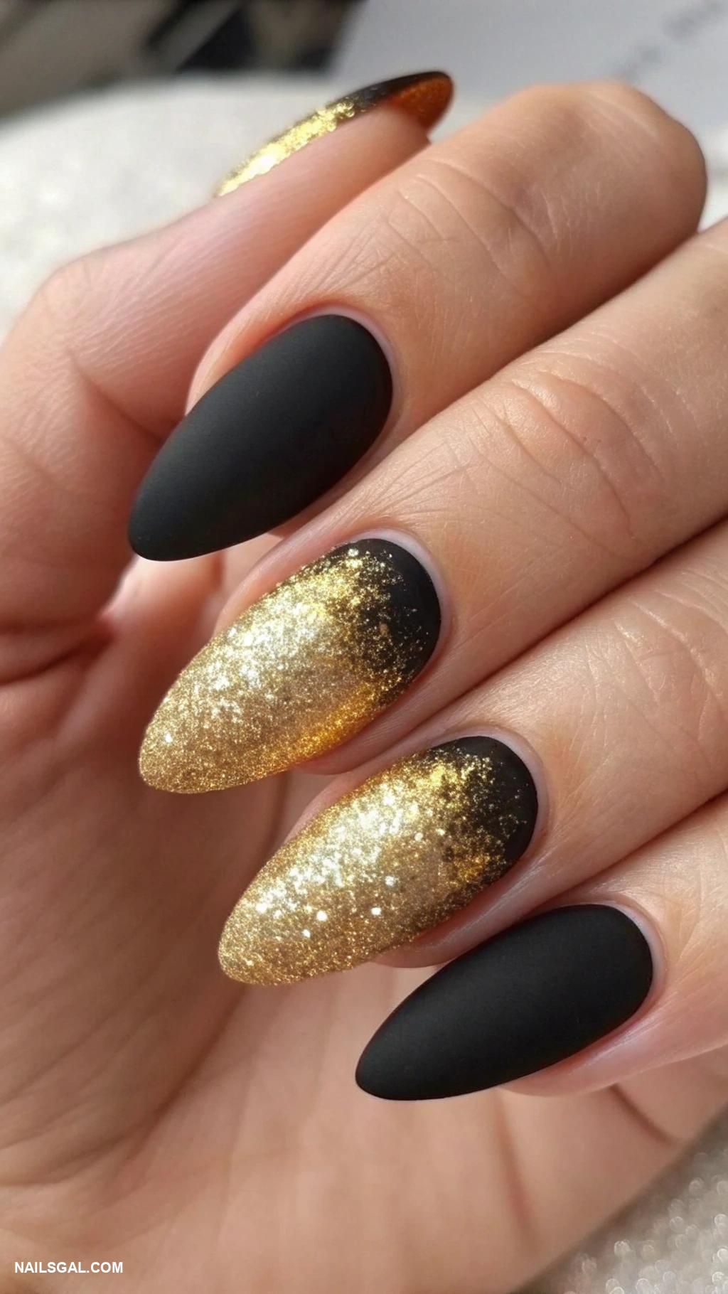 gold nails Matte black base with gold ombre