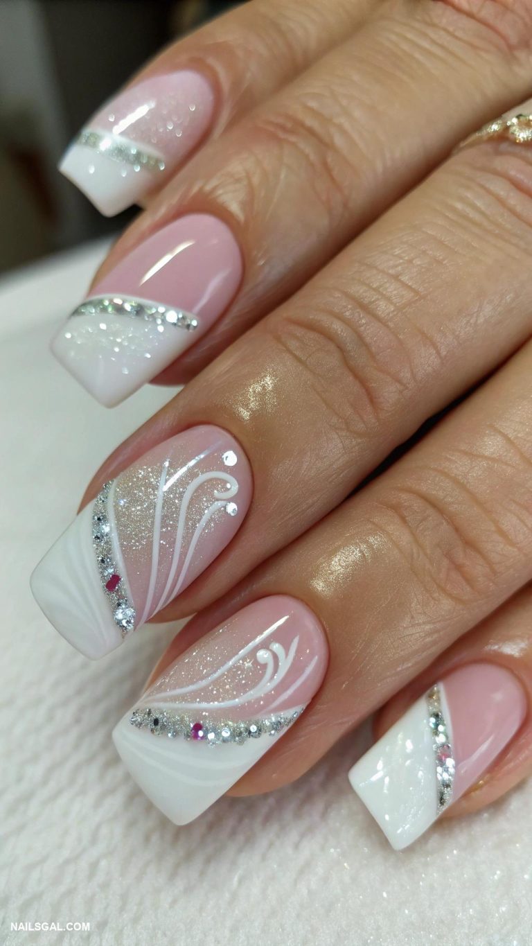 grad nails Classic French tip with sparkle twist