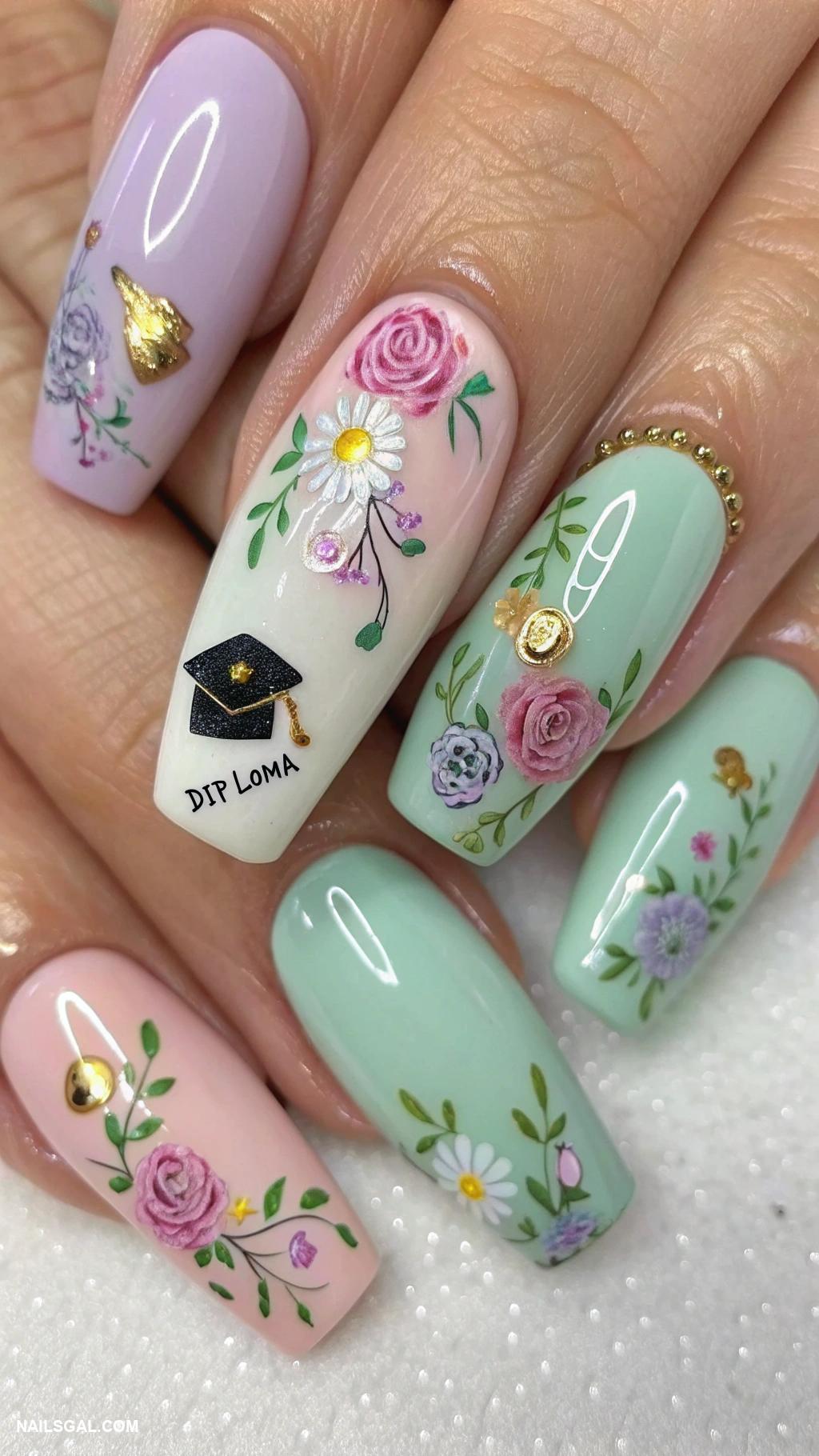 grad nails Floral designs with diploma motifs