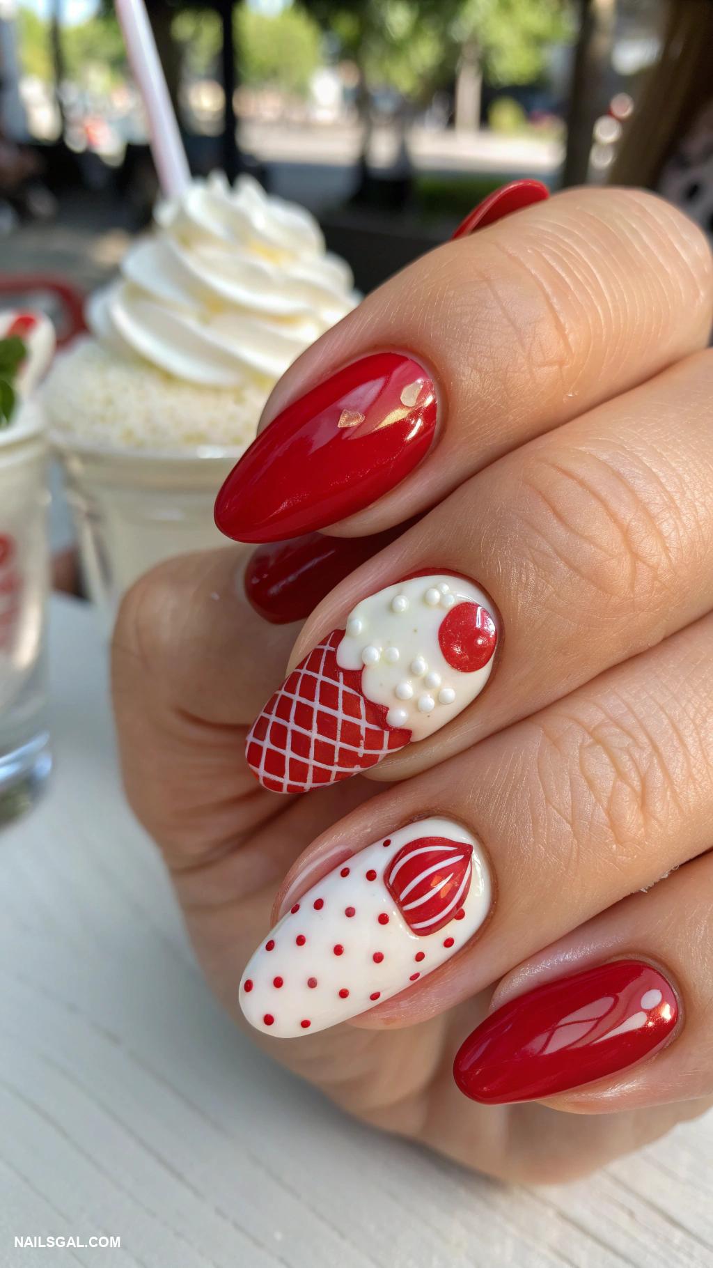 italy nails Classic red with white gelato patterns