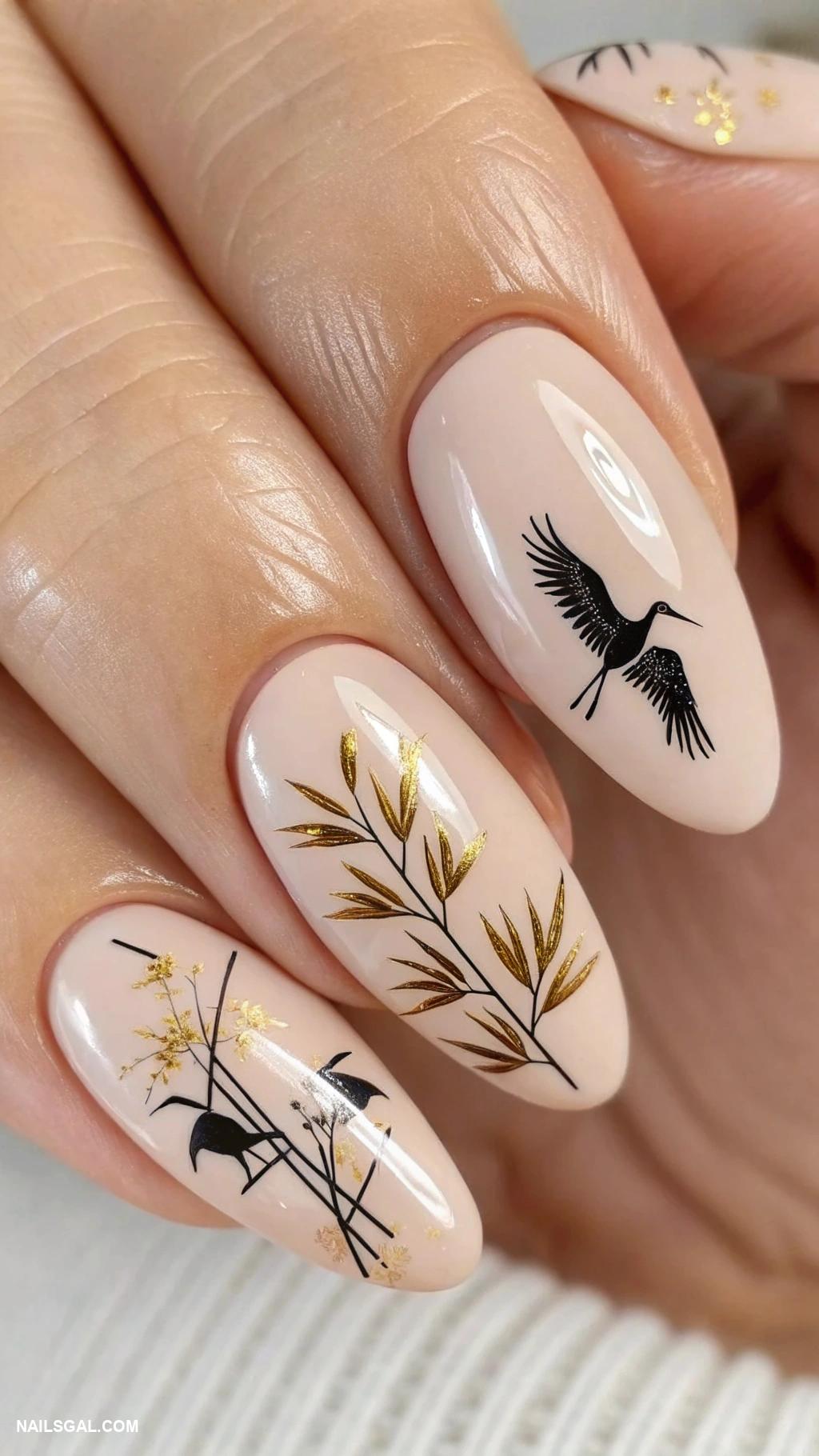 japan nails Bamboo and crane minimalist art