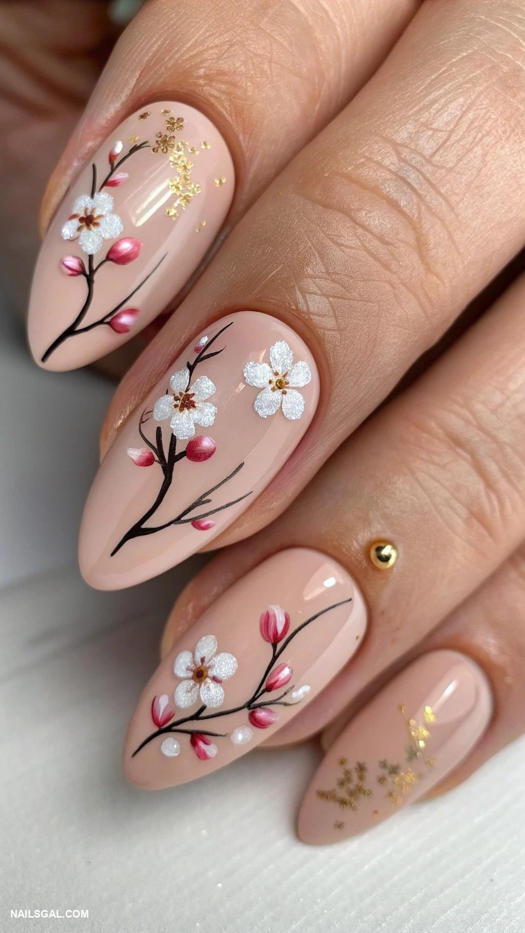 japan nails Cherry blossom accents on nude base