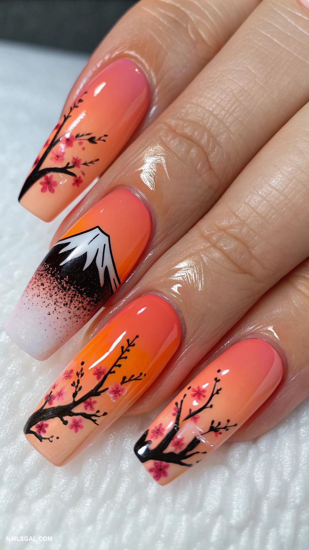 japan nails Mount Fuji silhouette against sunset