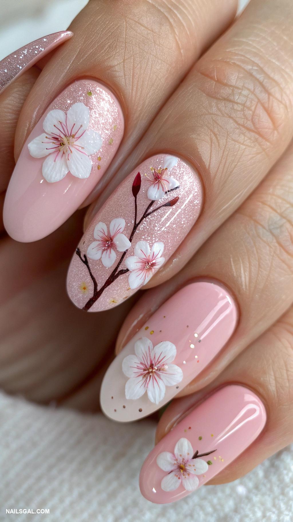 japan nails Sakura petals with glitter topcoat