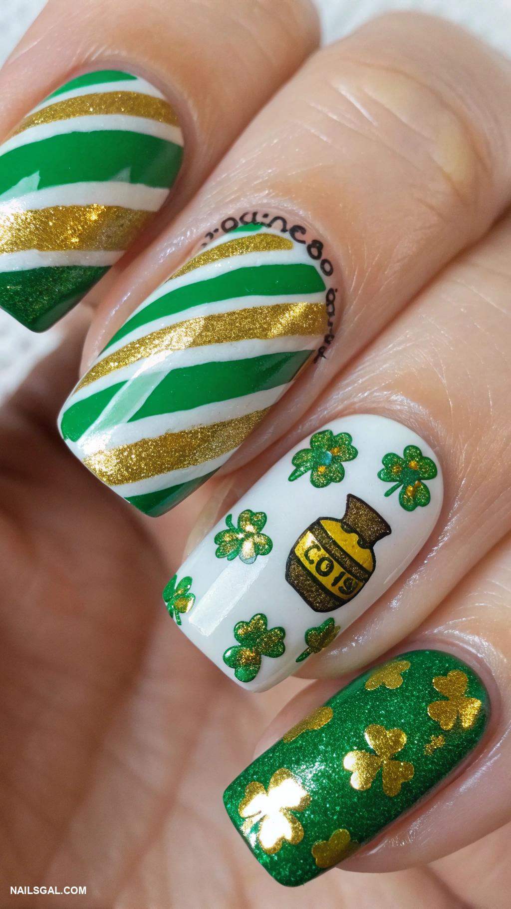 leprechaun nails Bold stripes with pot of gold