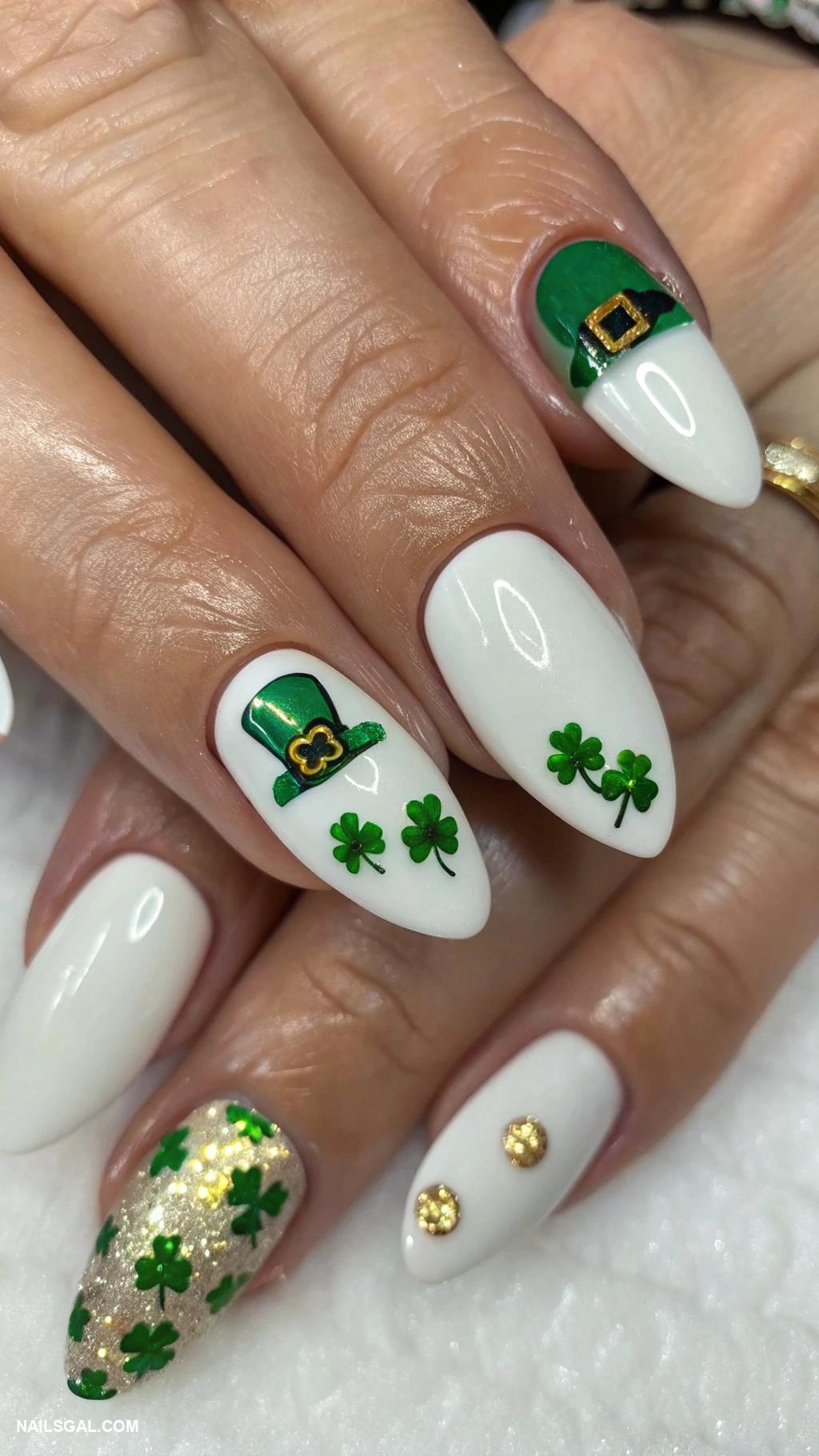 leprechaun nails Classic white with green leprechaun hats