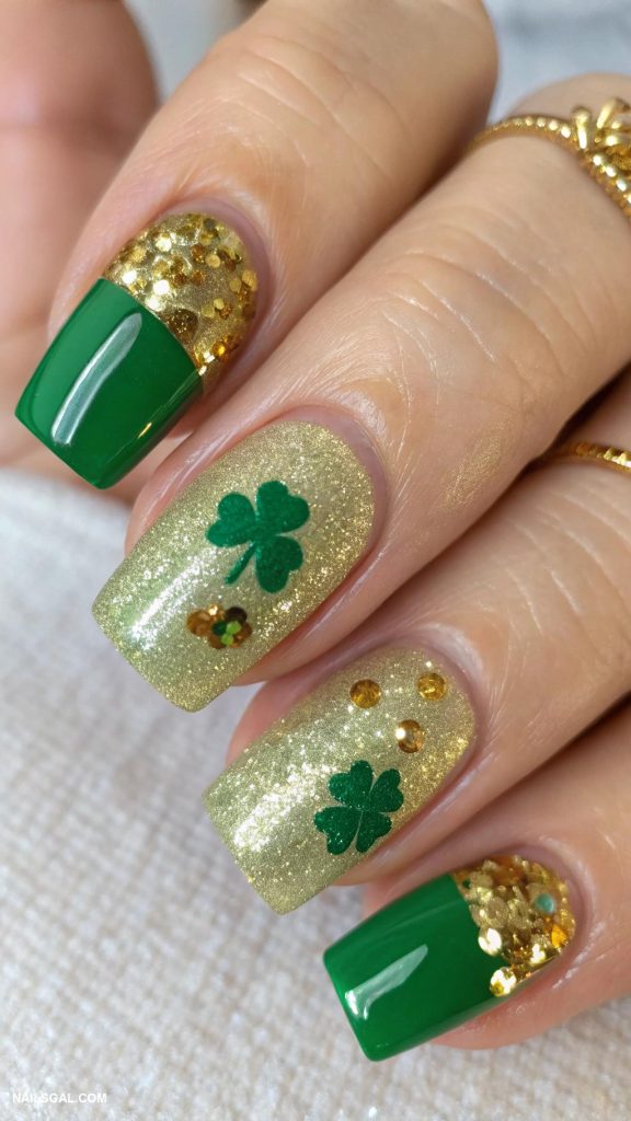 leprechaun nails Glittery gold base with green tips