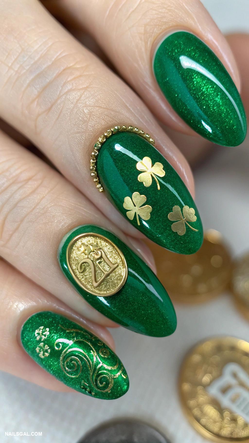 leprechaun nails Golden coins on emerald polish