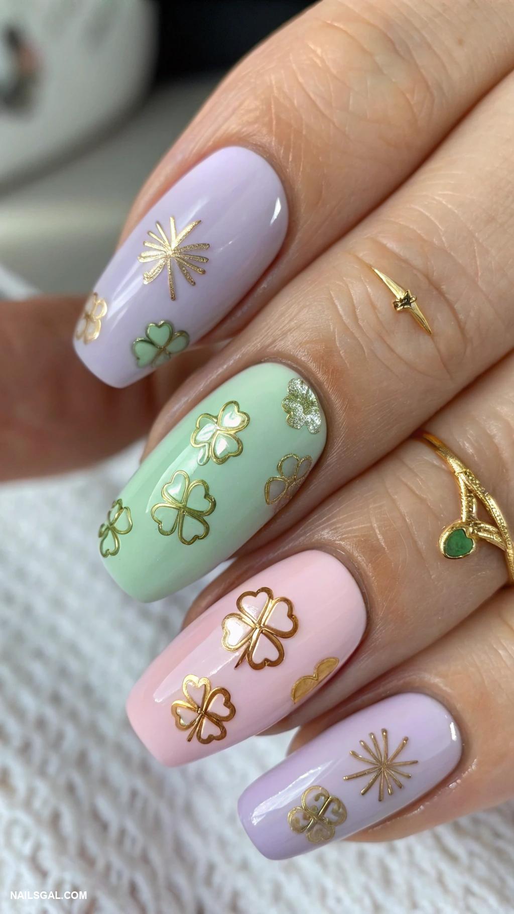 leprechaun nails Pastel colors with clover patterns