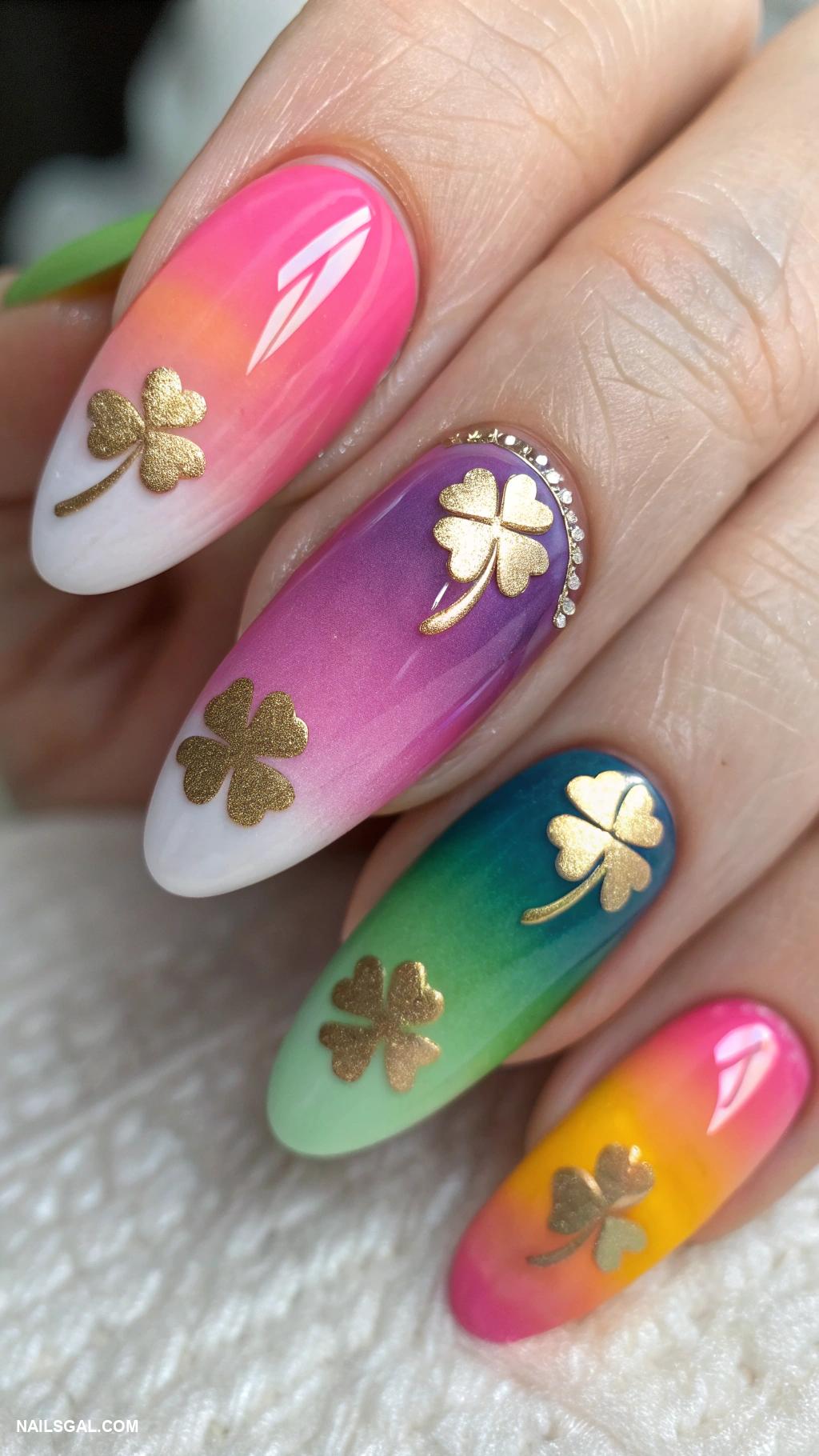 leprechaun nails Rainbow ombre with shamrock details