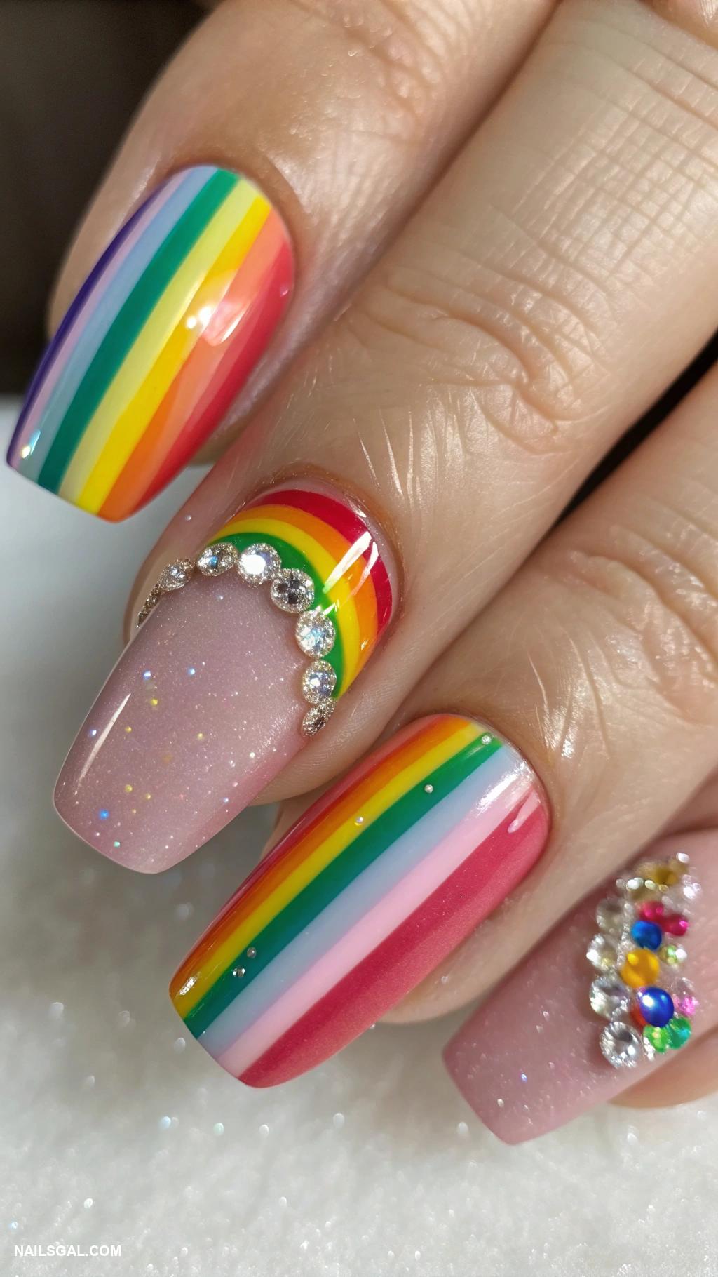maine nails Rainbow stripes with glitter