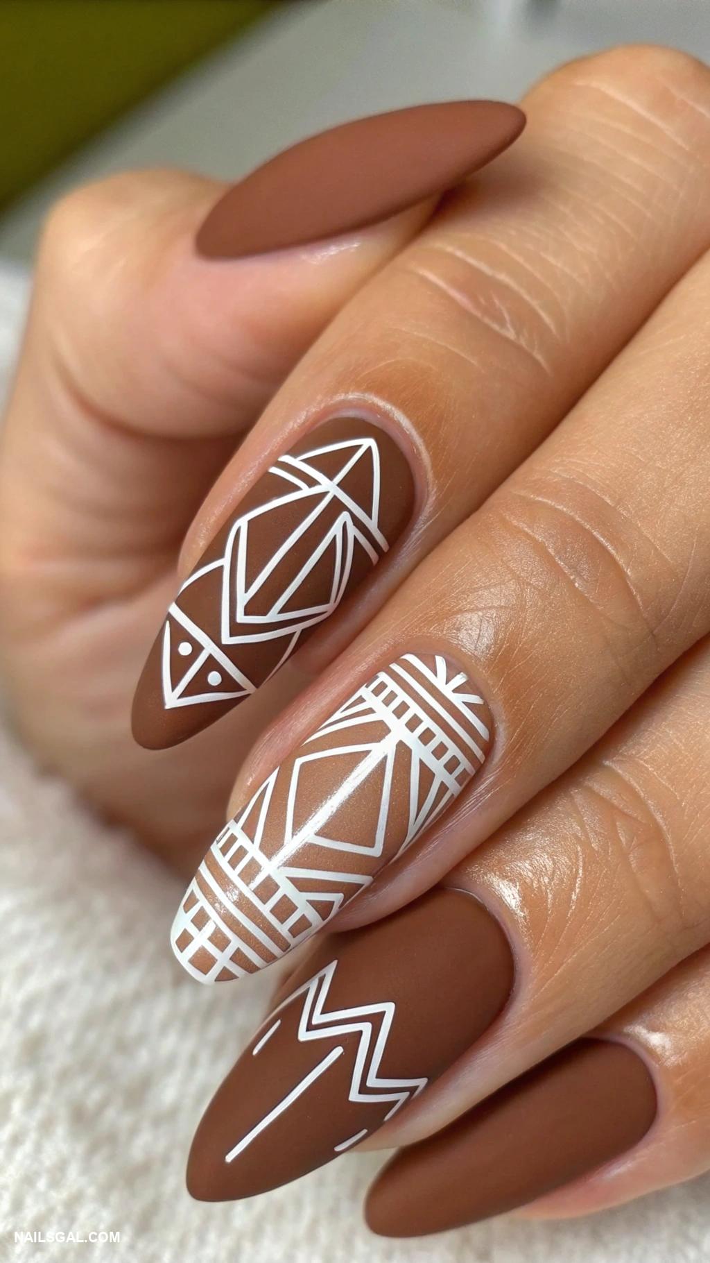 matte brown nails Matte brown with geometric white lines
