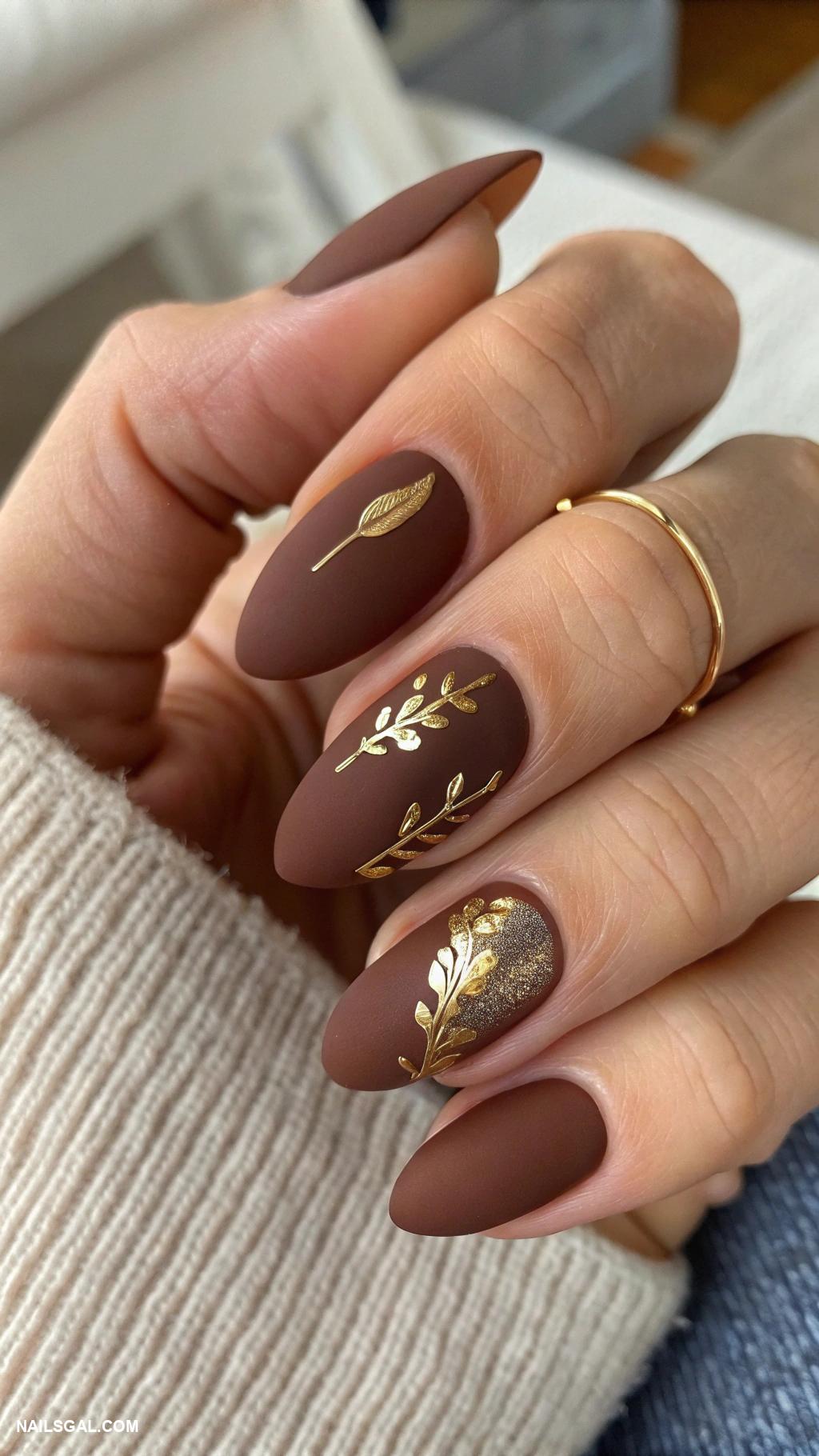 matte brown nails Matte brown with gold foil accents