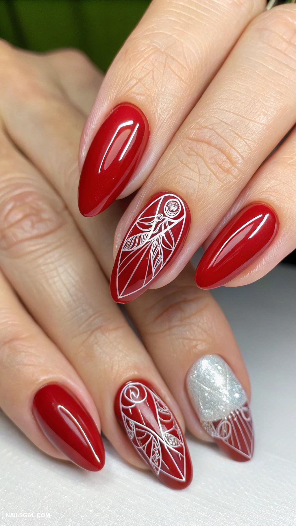 mother of the bride nails Classic red with silver line art