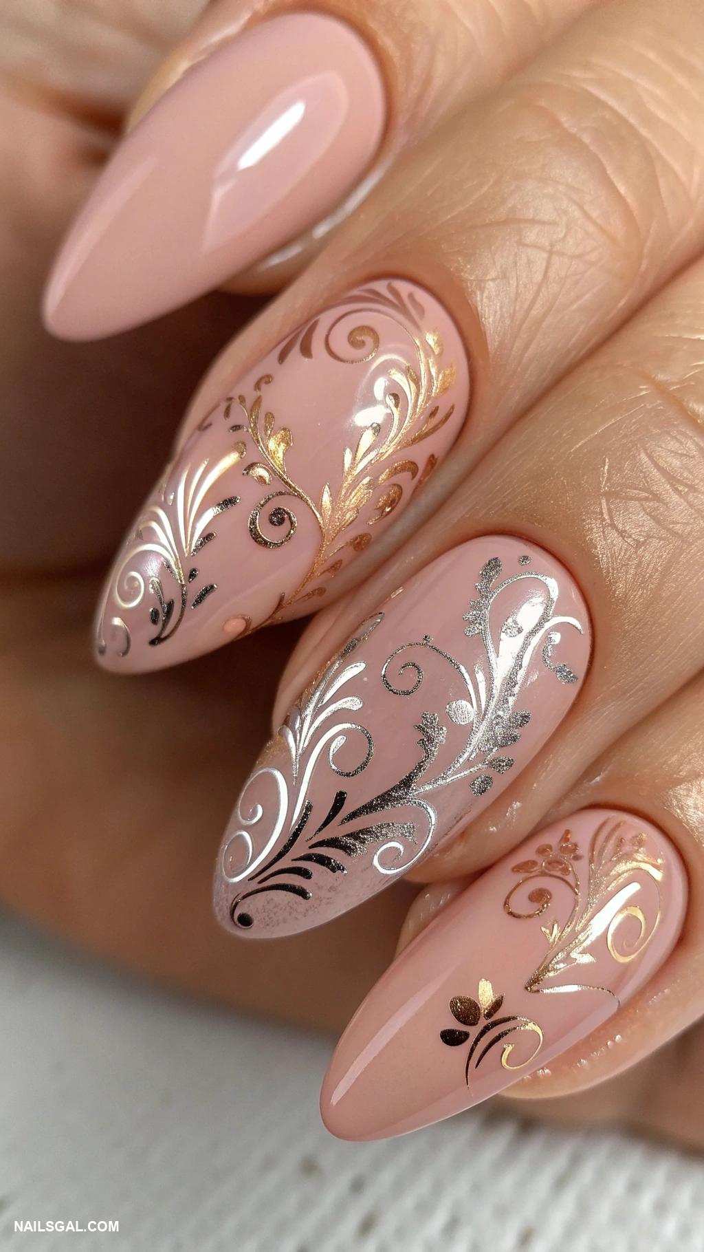 mother of the bride nails Dusty rose with metallic foil patterns