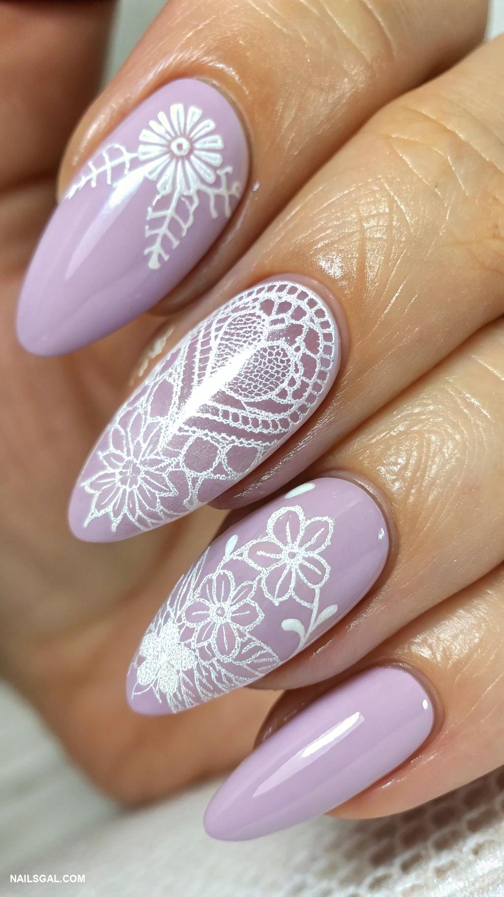 mother of the bride nails Lavender base with lace inspired designs