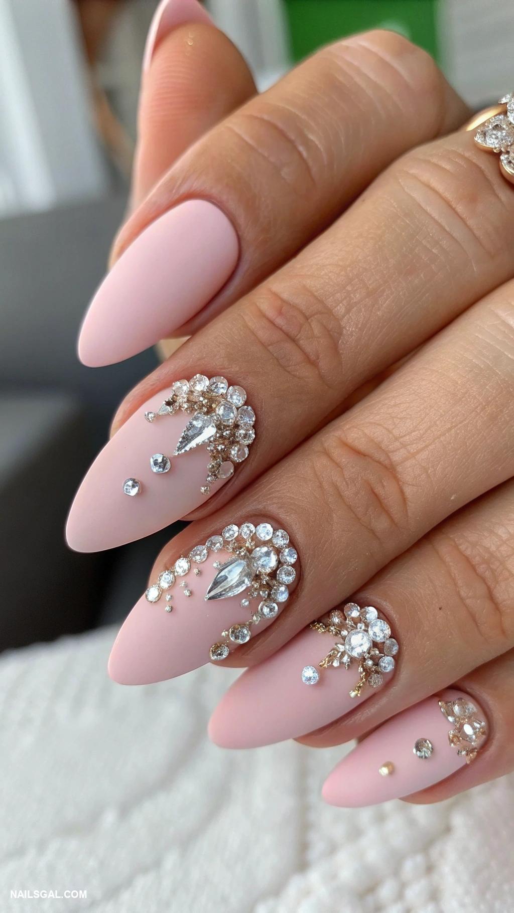 mother of the bride nails Matte finish with shiny rhinestone details