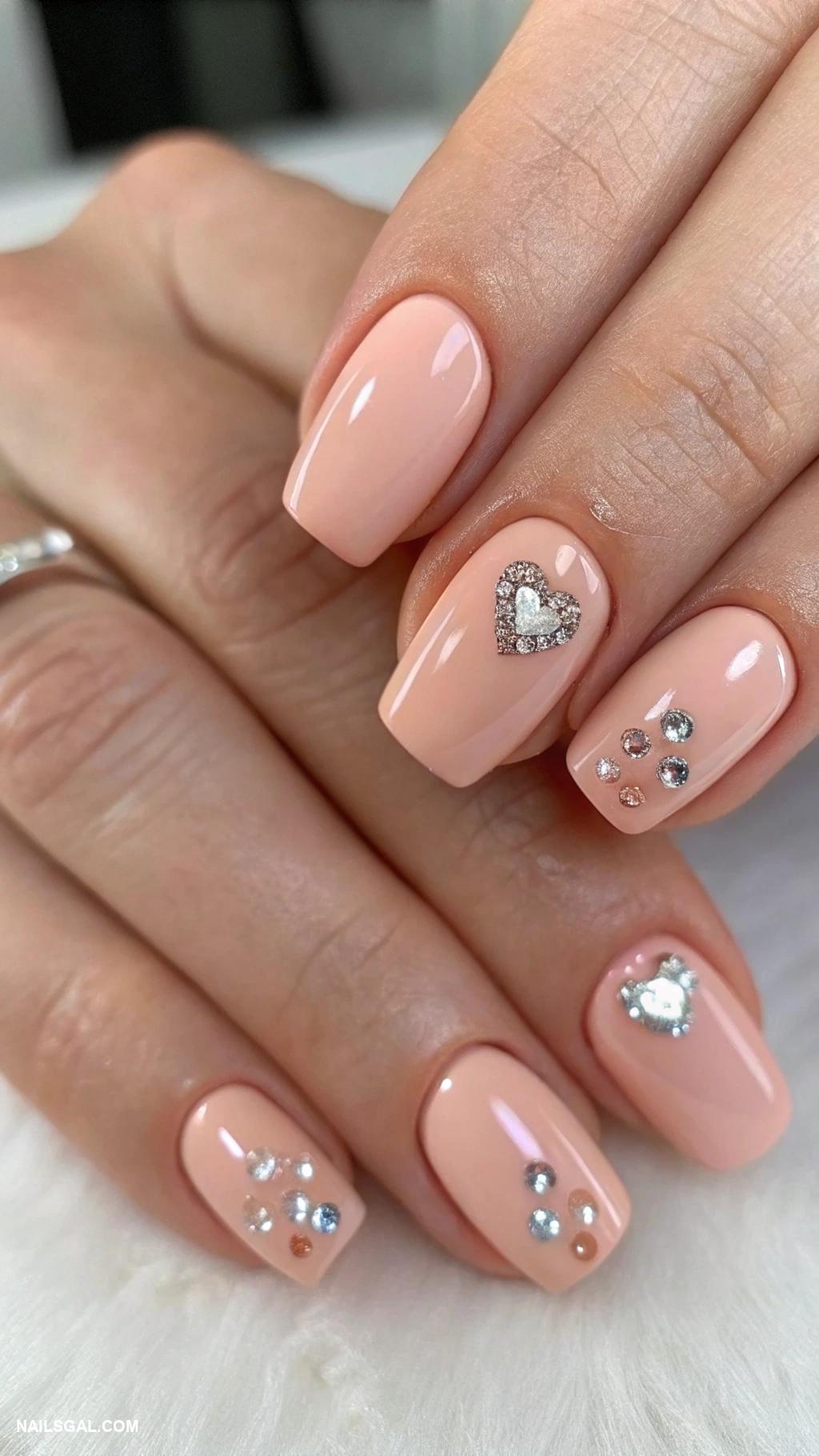 mother of the bride nails Peach nails with tiny heart gems