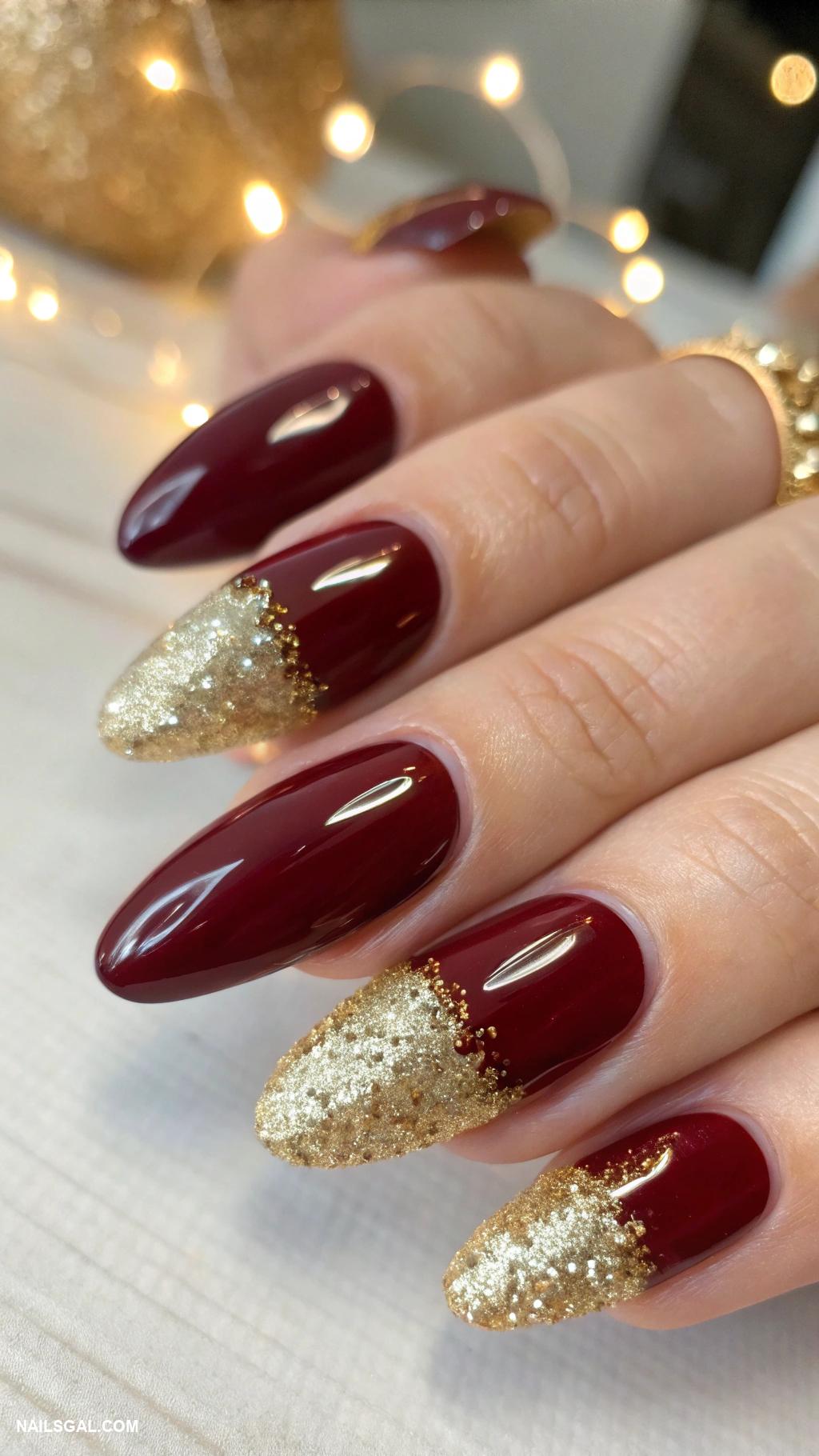 mother of the bride nails Rich burgundy with gold glitter tips