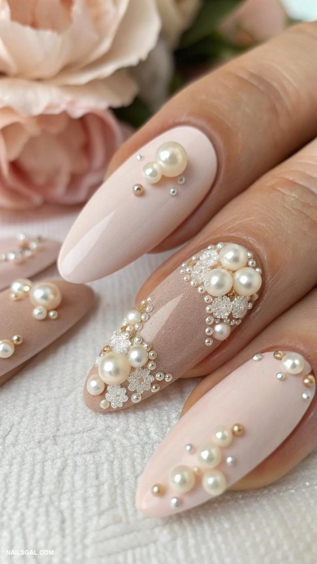 mother of the bride nails Soft beige with pearl adornments