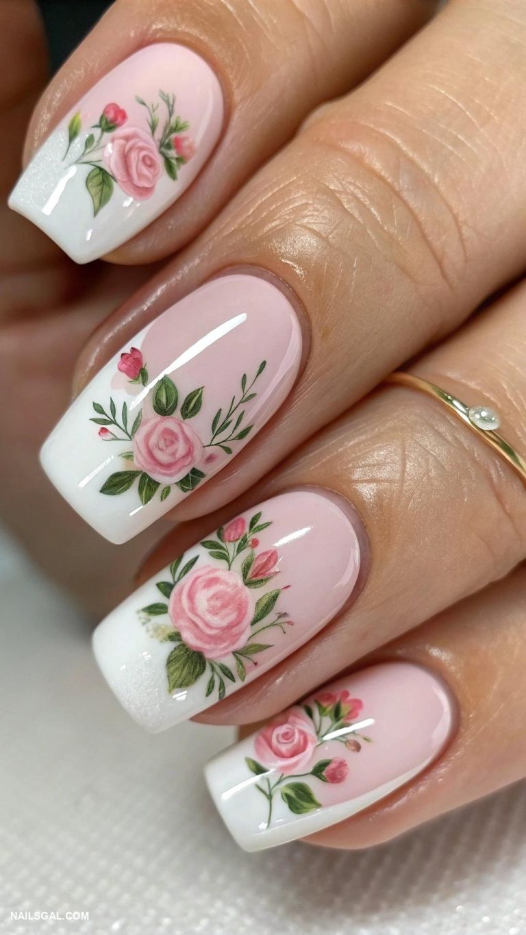 mother of the groom nails Classic French with floral nail art