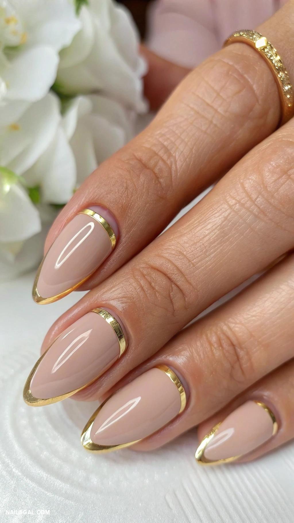 mother of the groom nails Elegant nude with gold tip accents