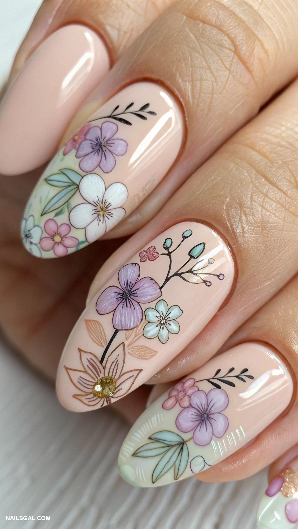 mother of the groom nails Floral designs on nude base