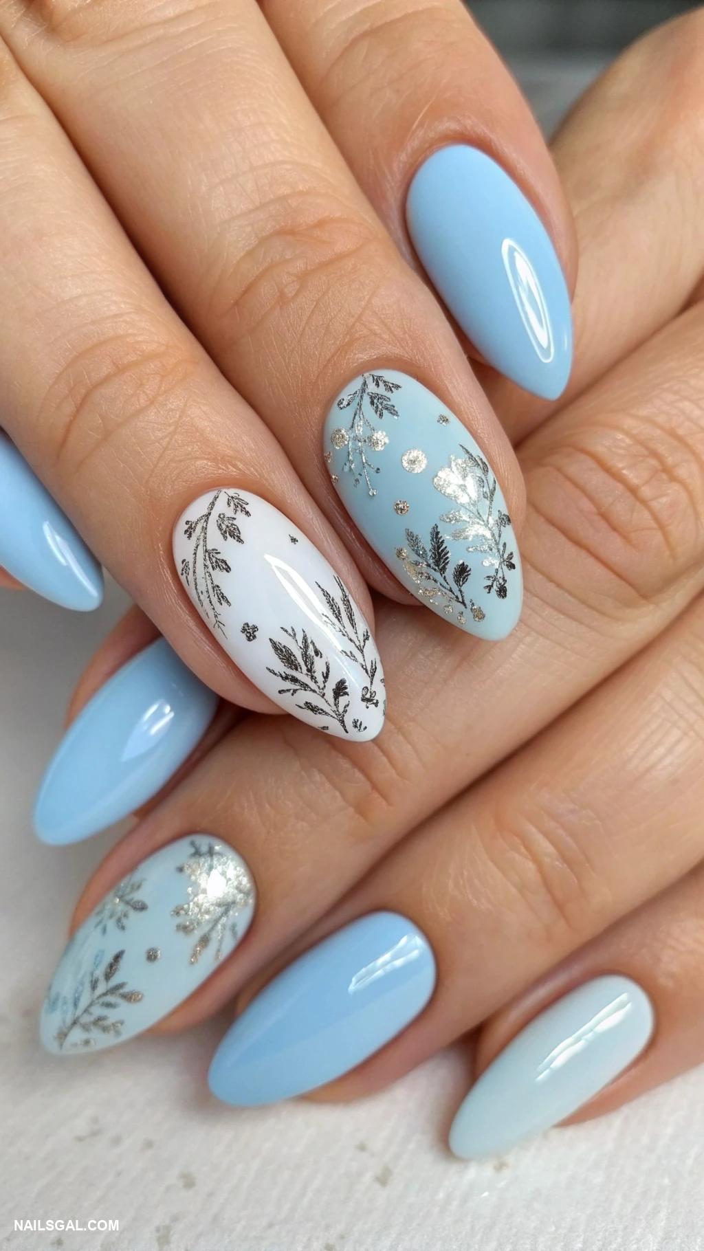 mother of the groom nails Pastel blue with silver foil details