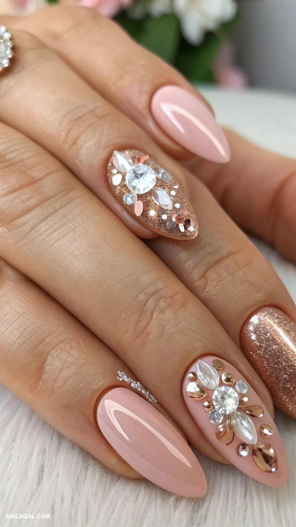 mother of the groom nails Rose gold with delicate gem embellishments