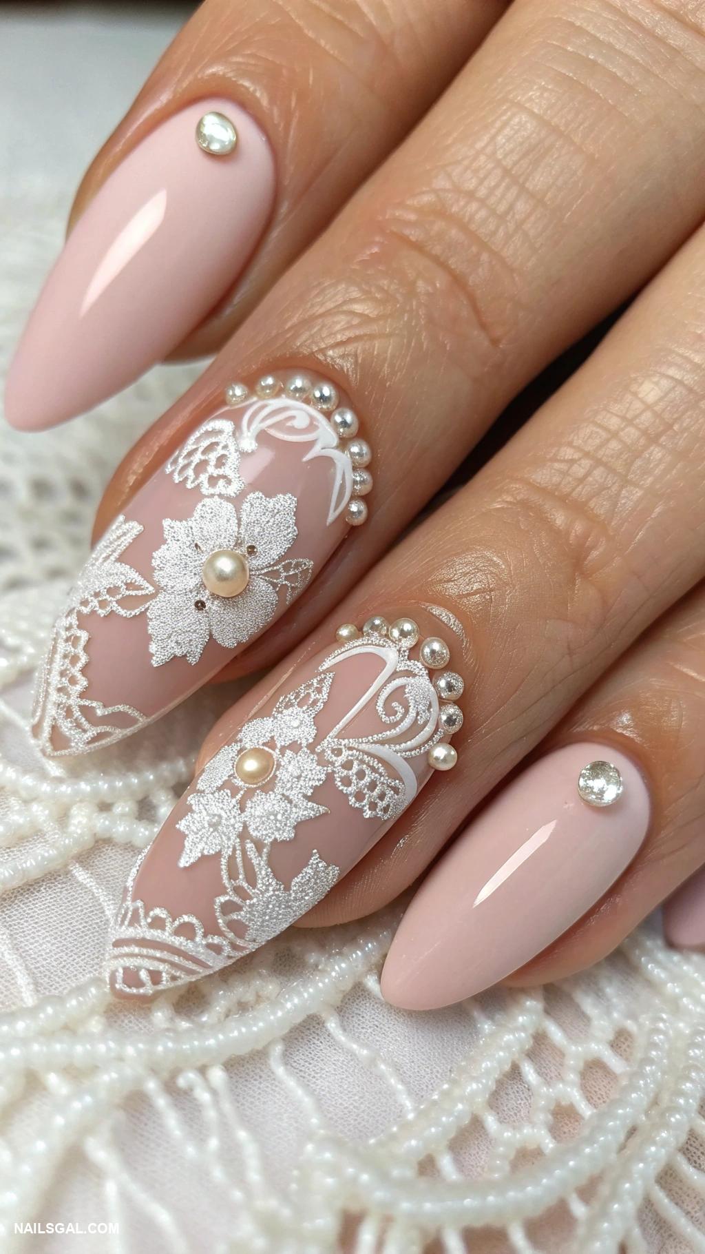 mother of the groom nails White lace design on blush base