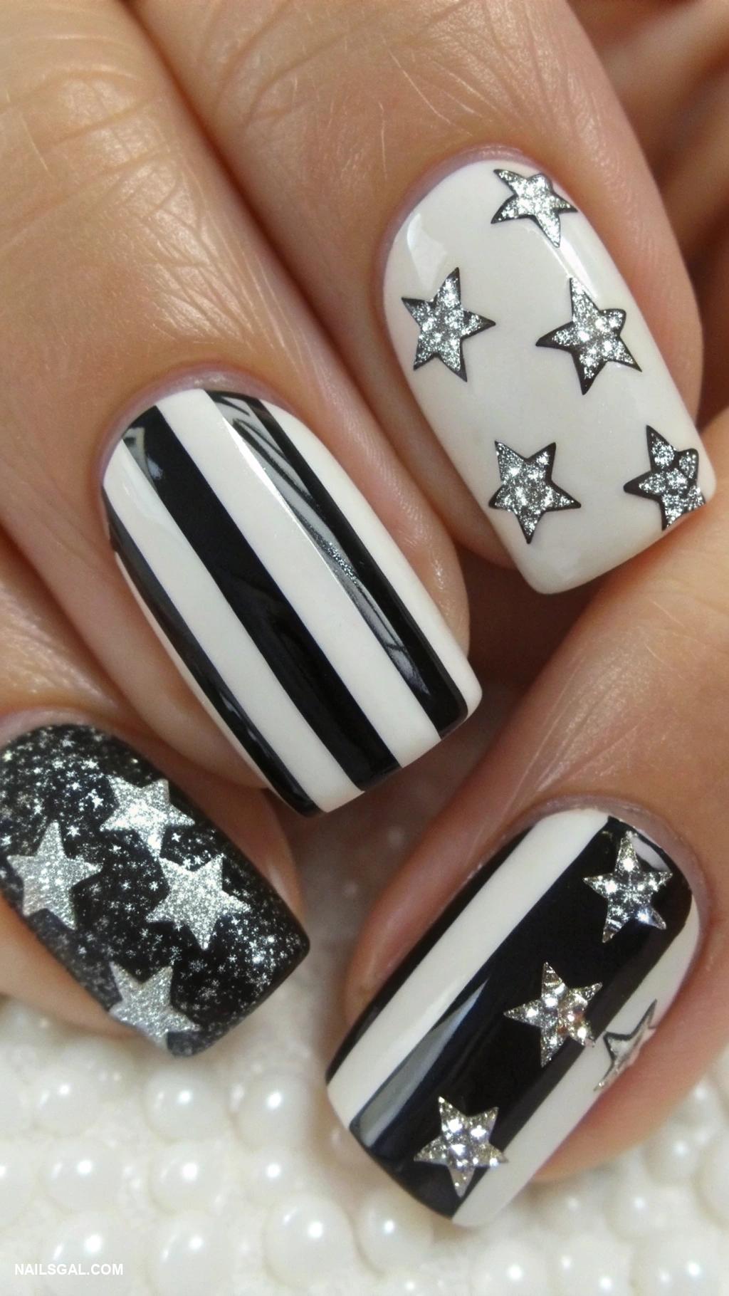nashville nails Bold black and white stripes with star details