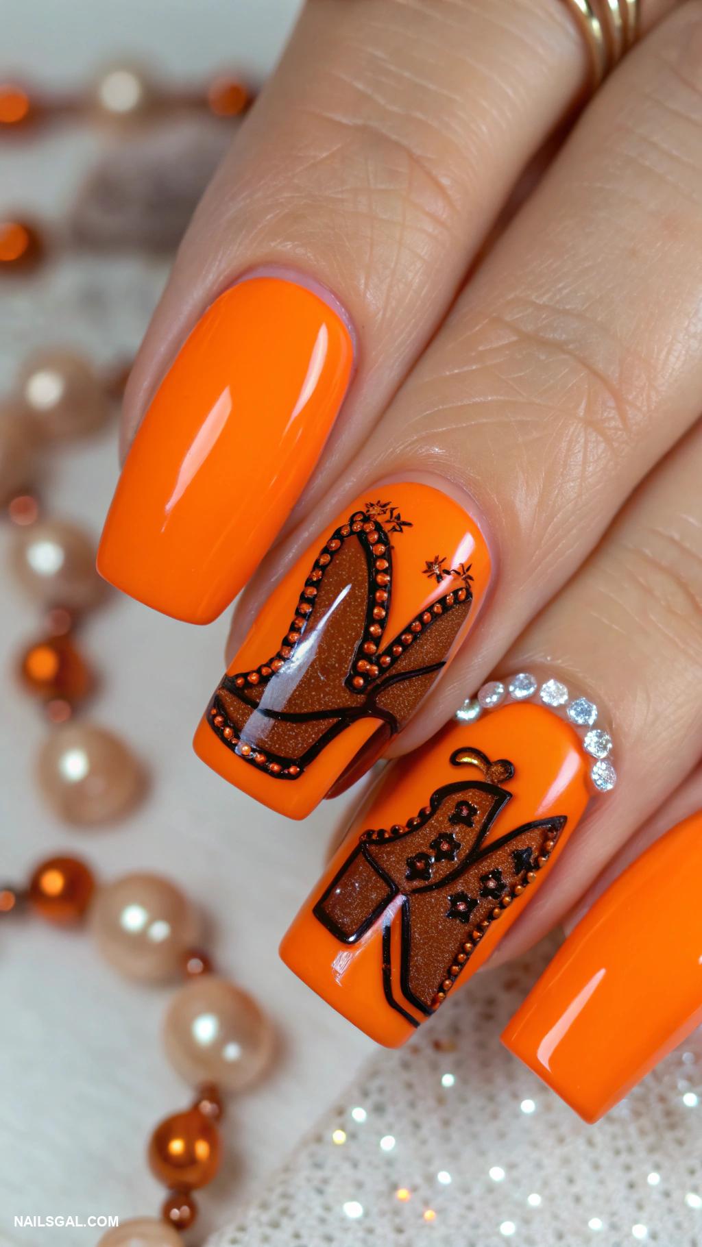 nashville nails Bright neon orange with cowboy boot accents