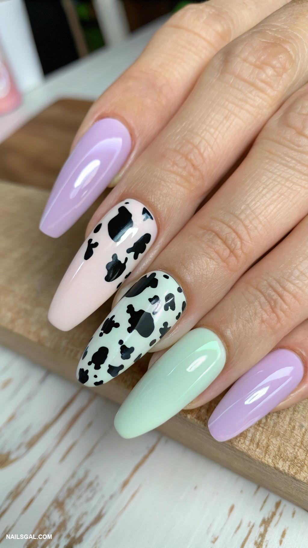 nashville nails Cow print with pastel colored tips