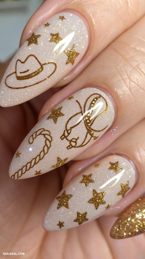 nashville nails Glittery gold with western hat motifs