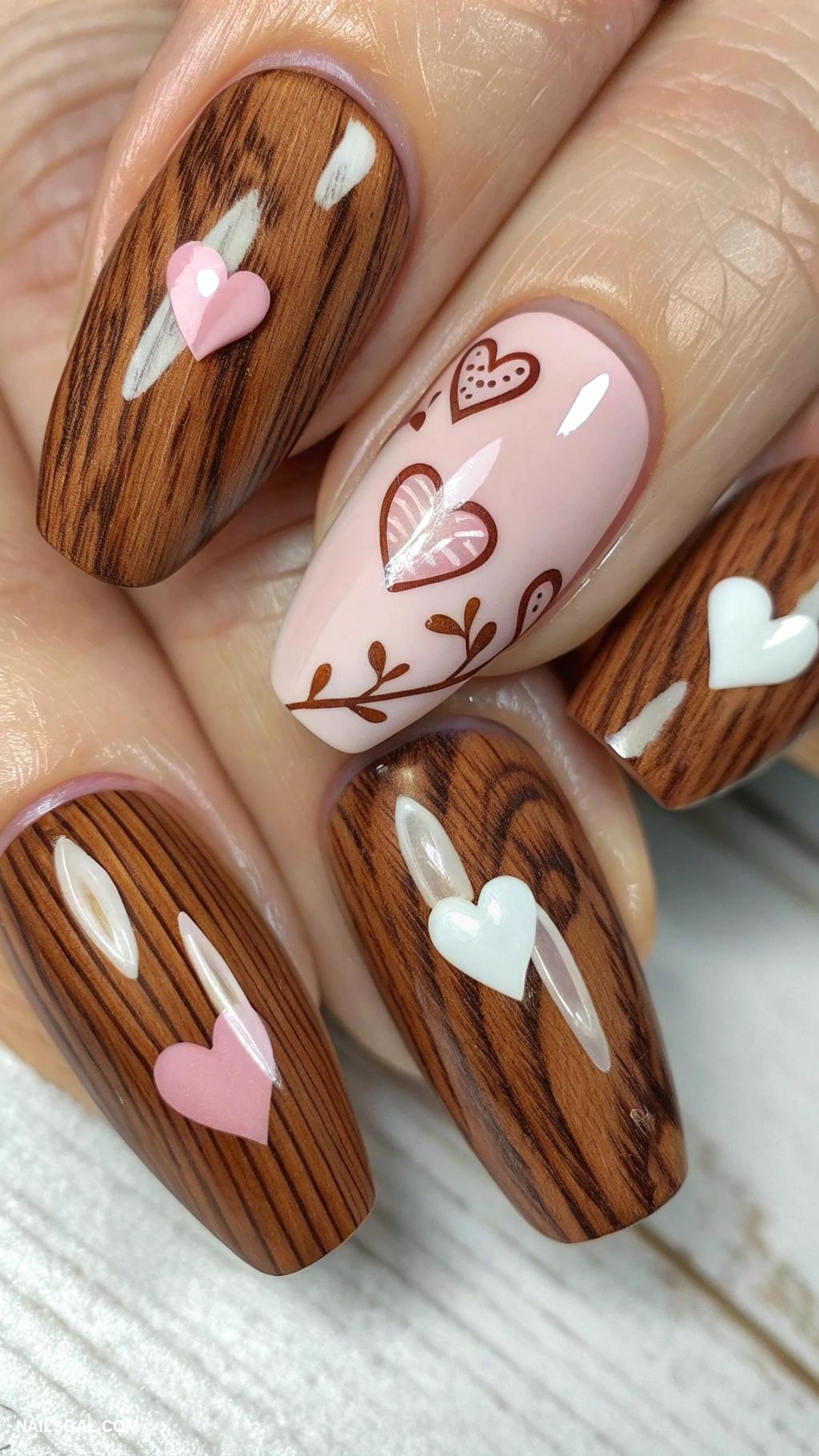 nashville nails Rustic wood grain effect with heart designs