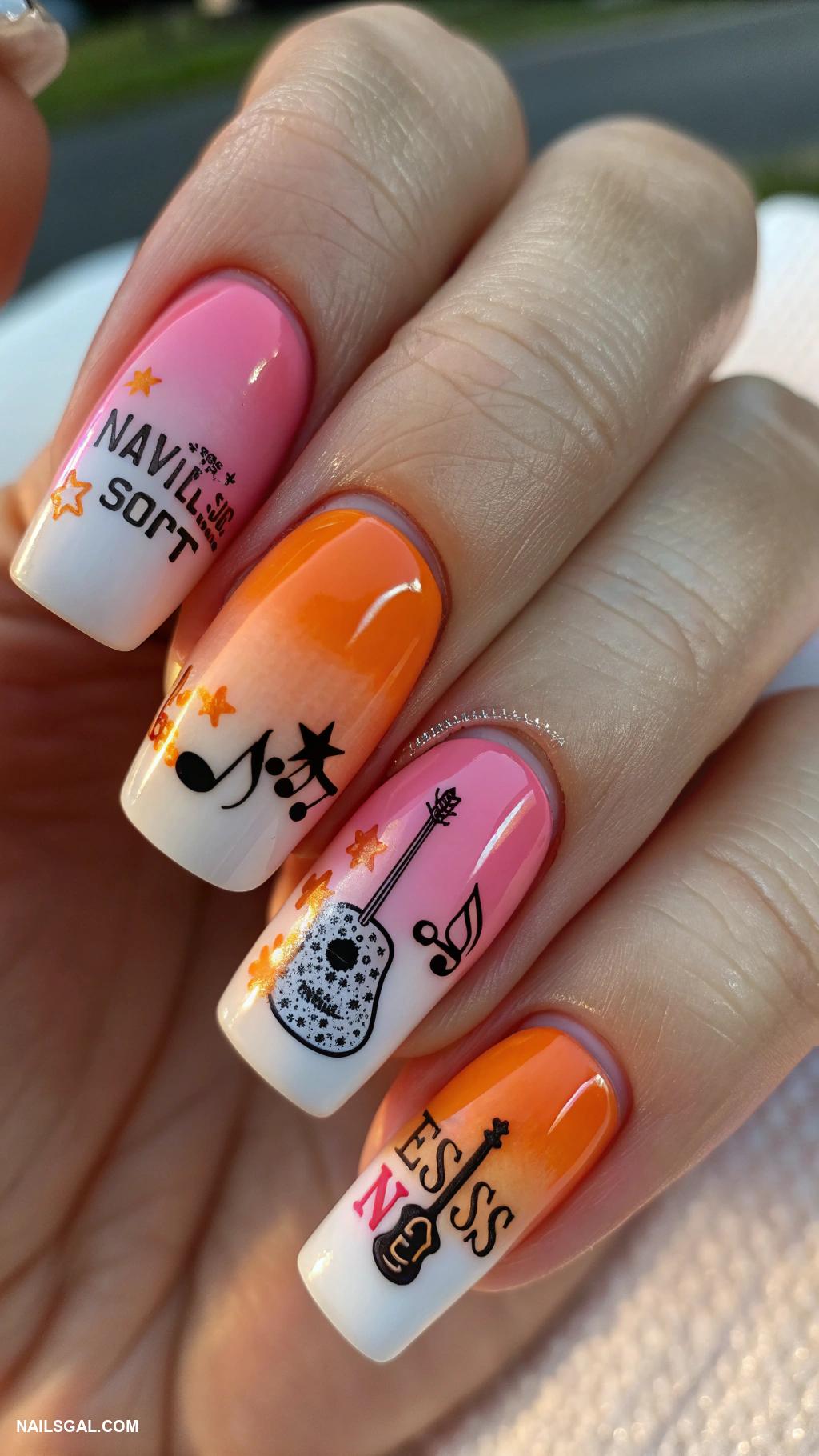 nashville nails Sunset ombre with guitar pick art