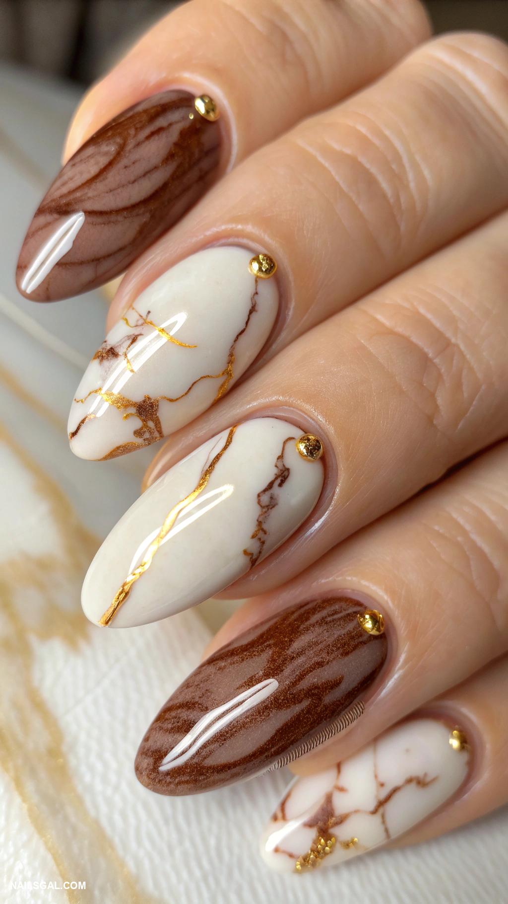 neutral color nail designs Marble effect in cream and brown