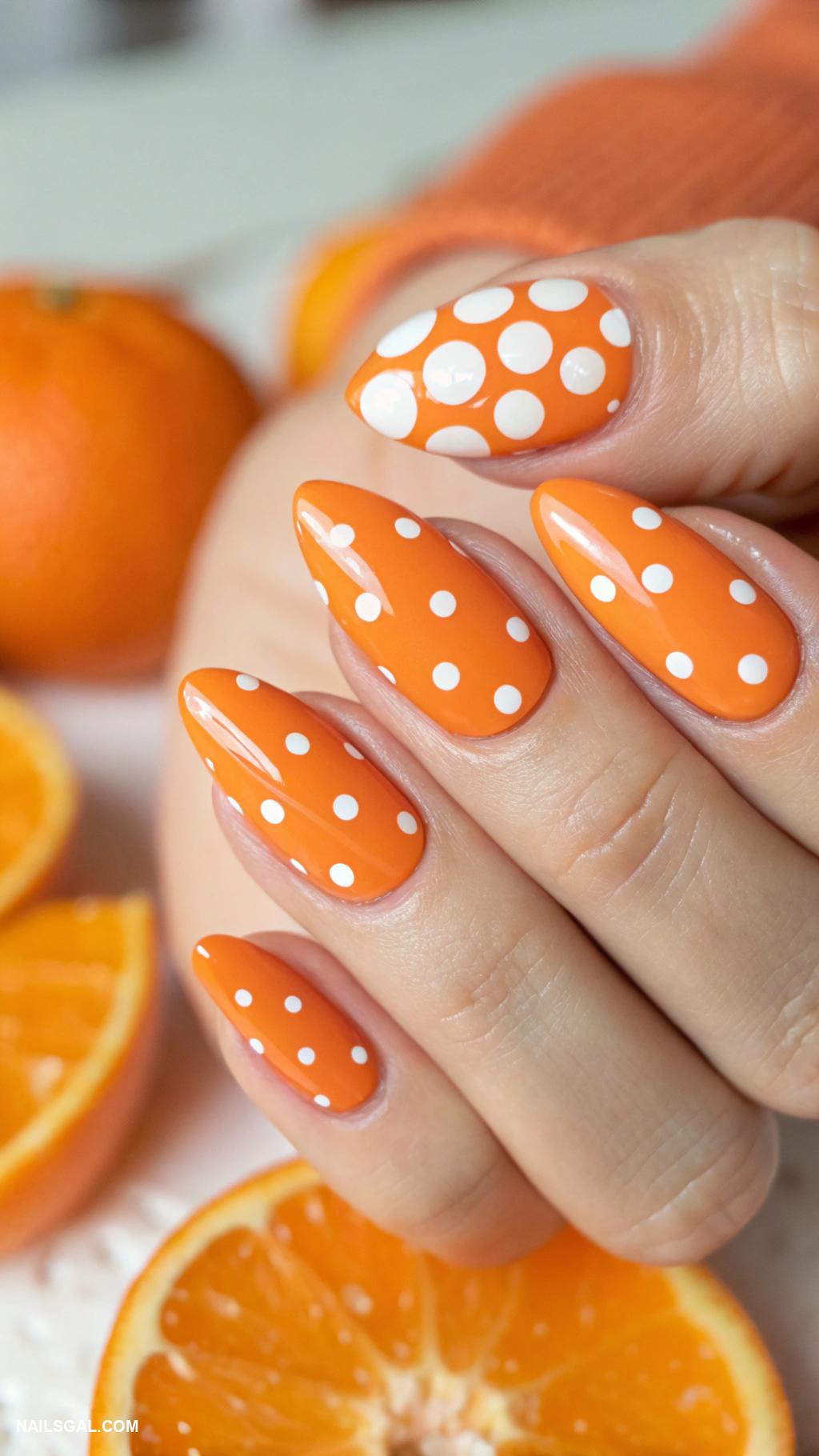 orange fruit nails Bright orange with white polka dots