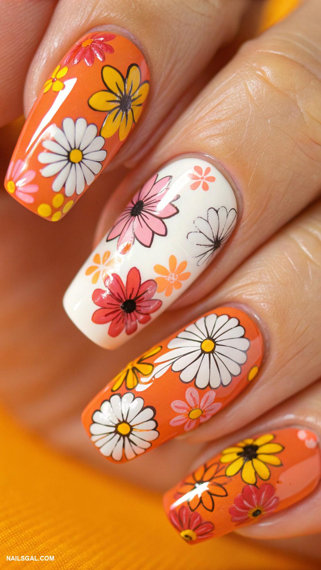 orange fruit nails Floral design on orange background