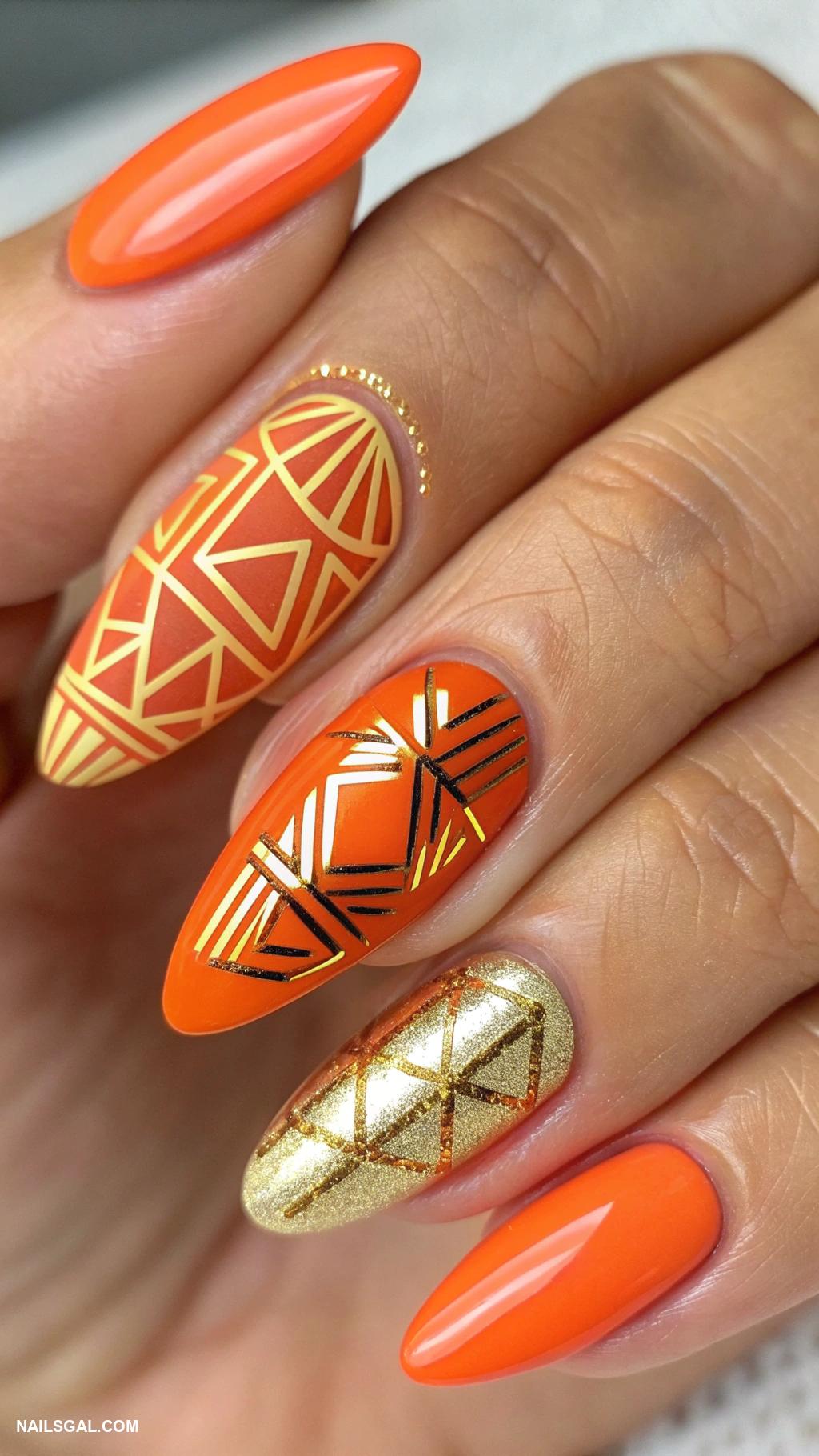 orange fruit nails Geometric patterns in orange and gold