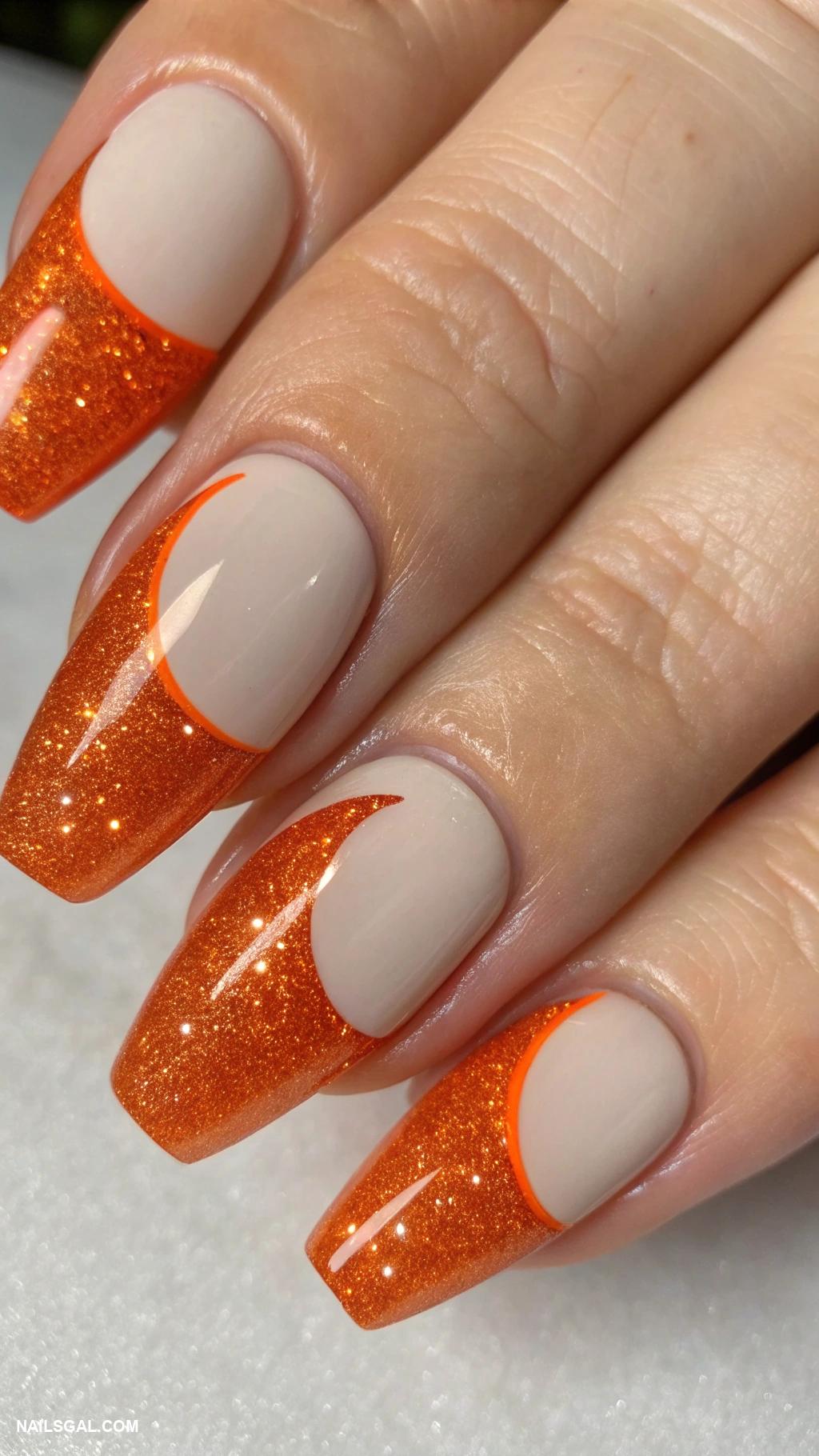 orange fruit nails Half moon orange with glitter base