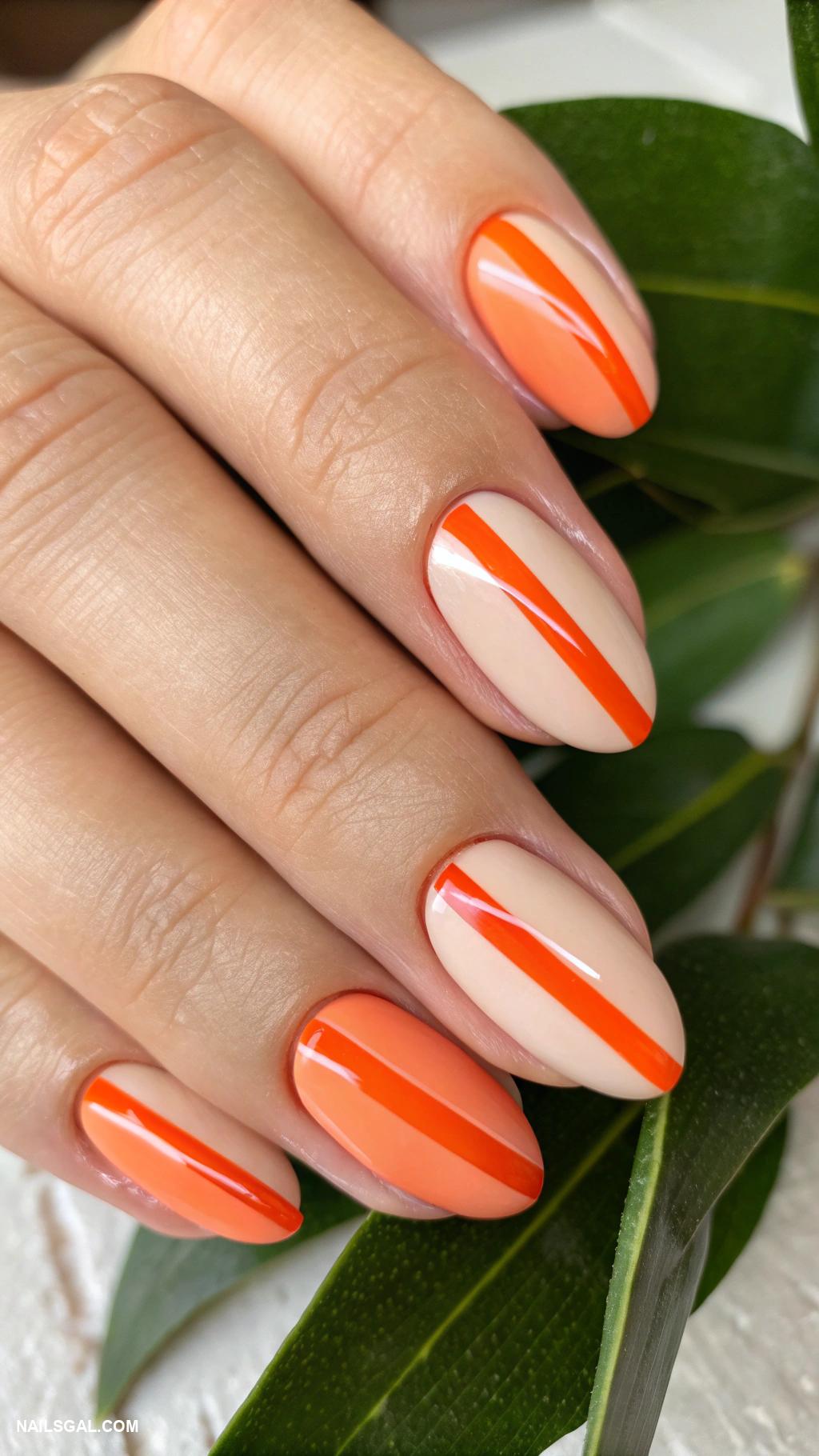 orange fruit nails Stripes of orange and nude