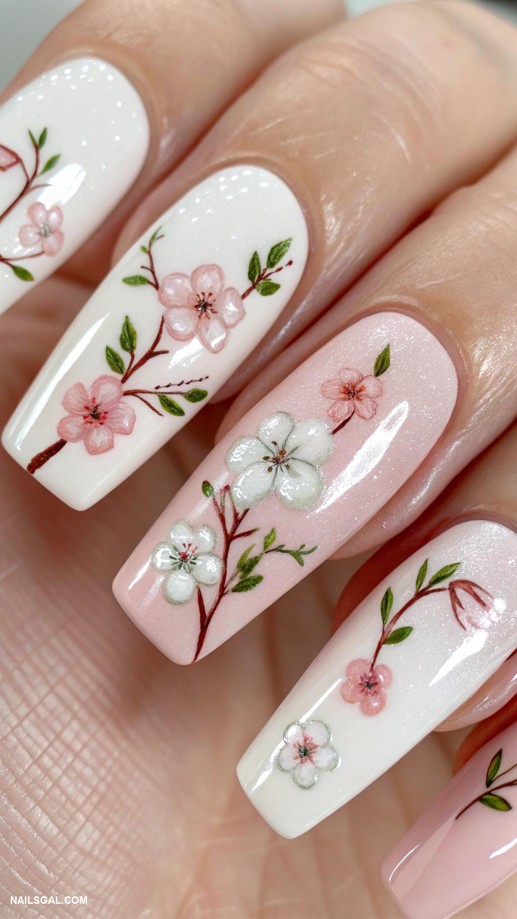 paris nails Cherry blossoms on pink background