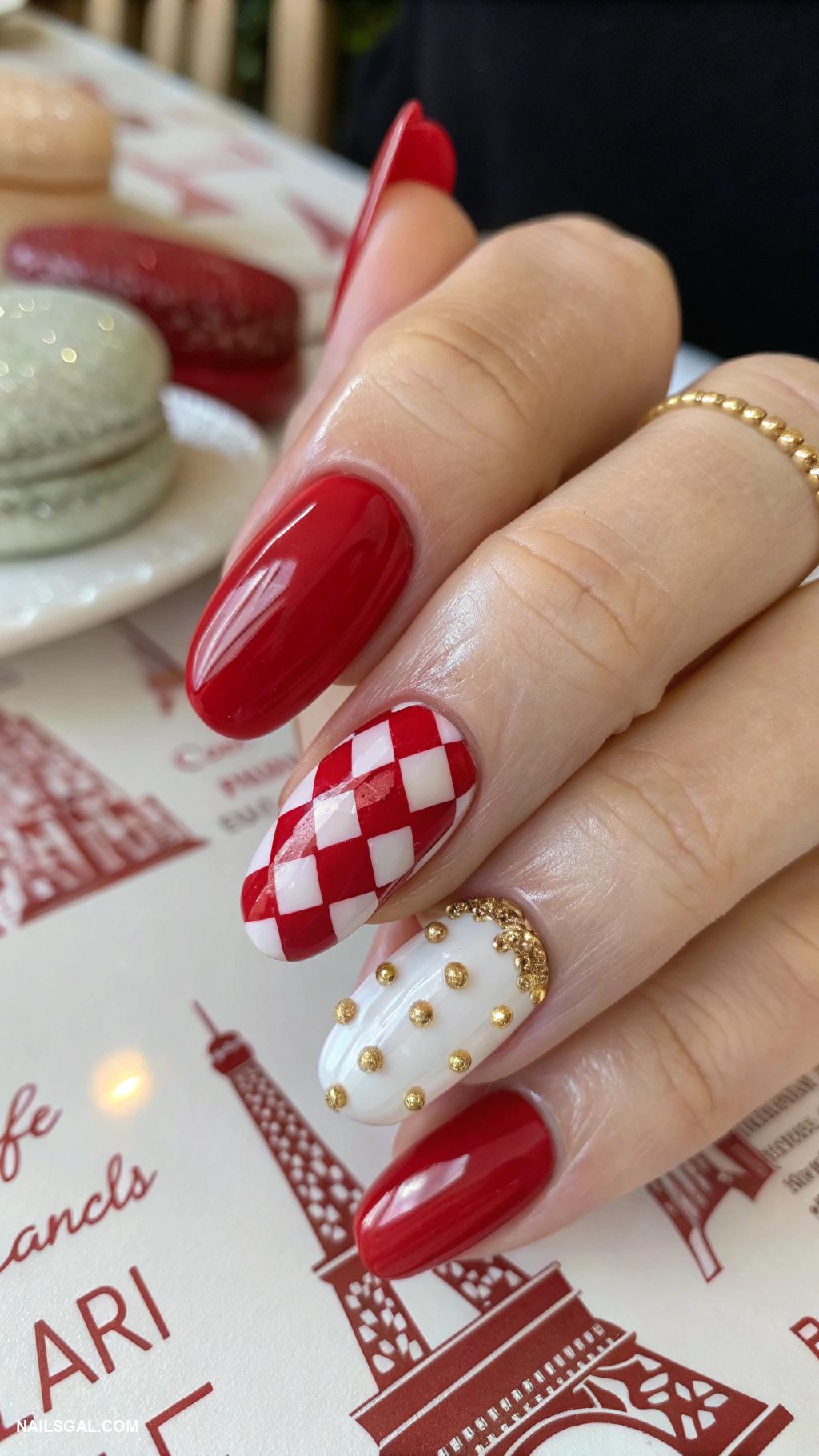 paris nails Red and white checkered pattern