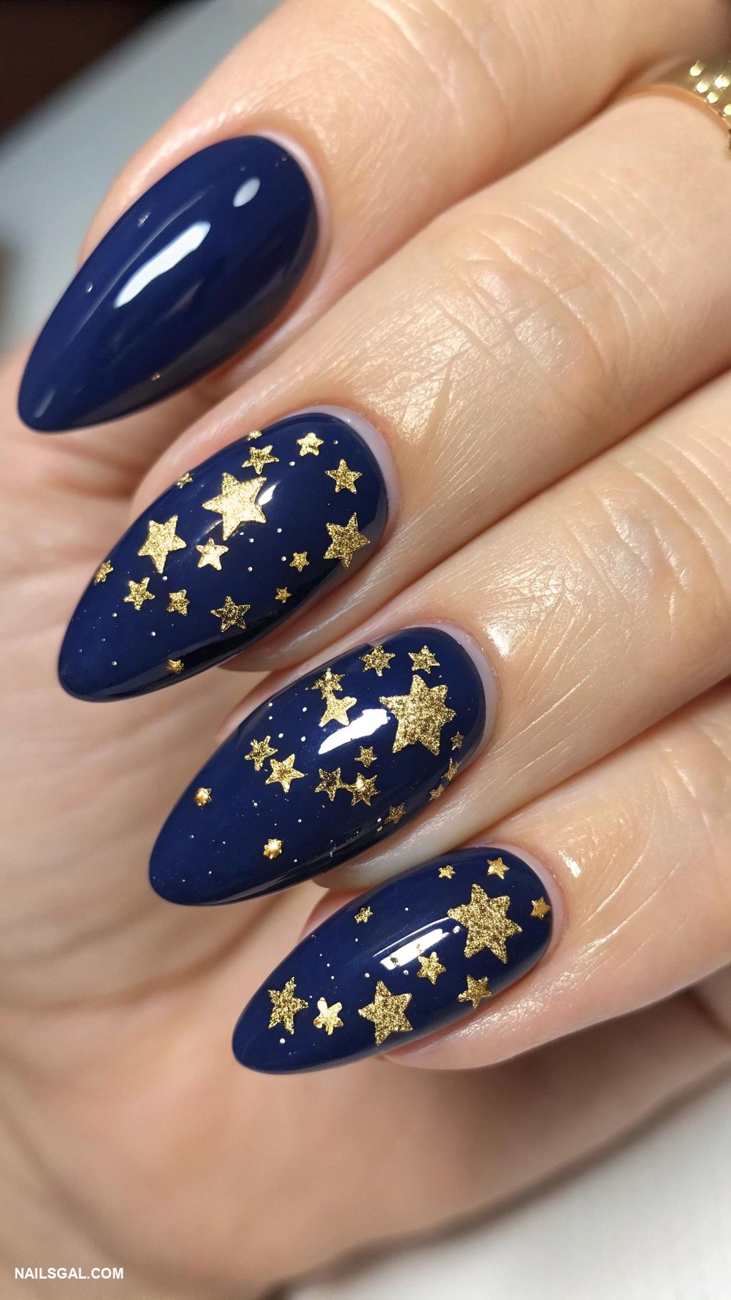 paris nails Sparkling golden stars on dark blue