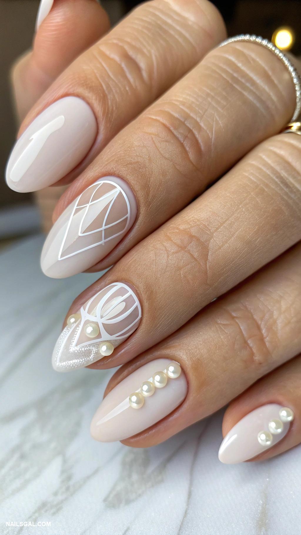pearl white nails Negative space with pearl white details