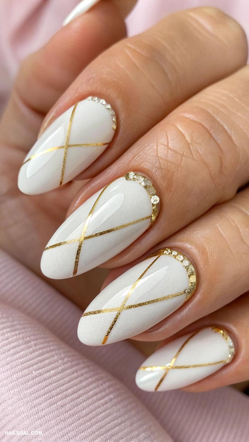 pearl white nails Pearl white with gold stripe accents