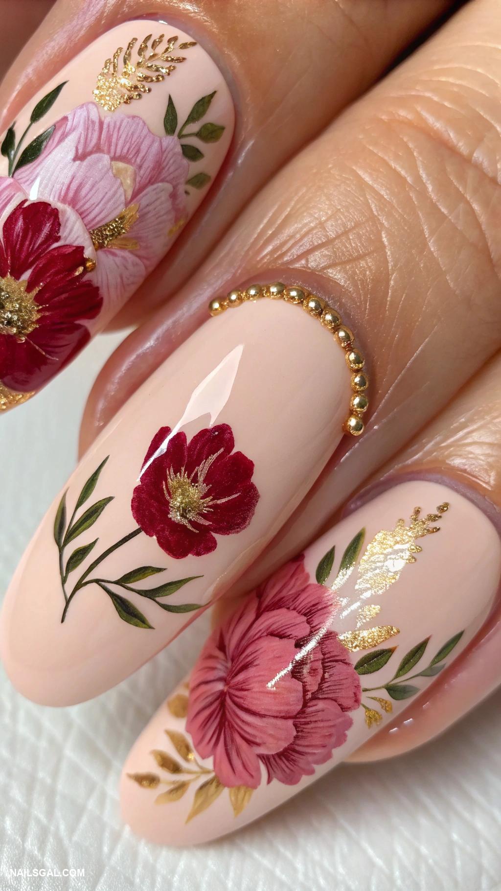 peony nails Bold peony petals with gold accents