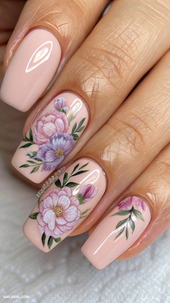 peony nails Pastel peony blooms on nude base